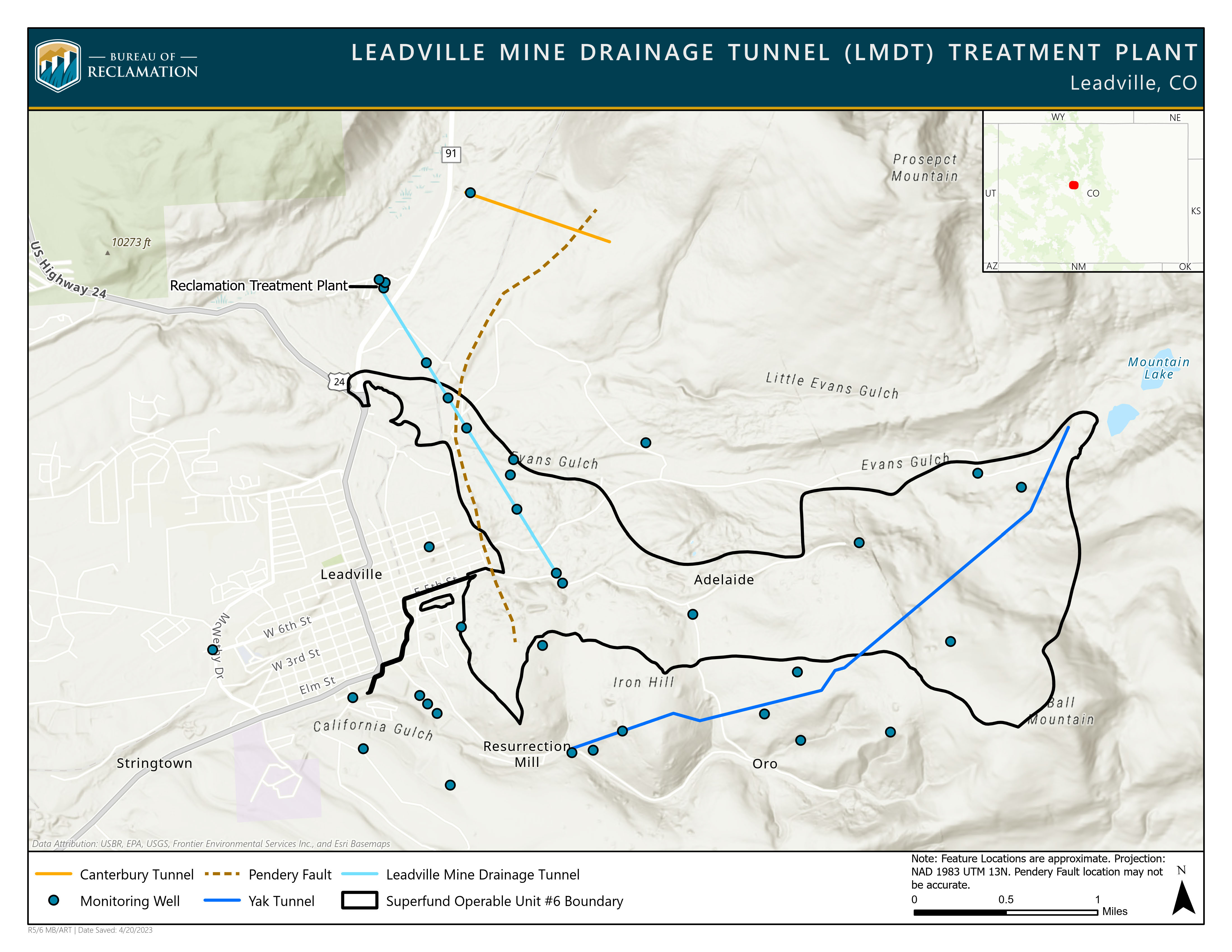 The Leadville Mine Drainage Tunnel (LMDT) and the LMDT Treatment Plant sit outsite the town of Leadville, Colorado near Highway 91. The Canterbury Tunnel, Yak Tunnel, Pendery Fault, and numerous monitoring wells are also nearby.
